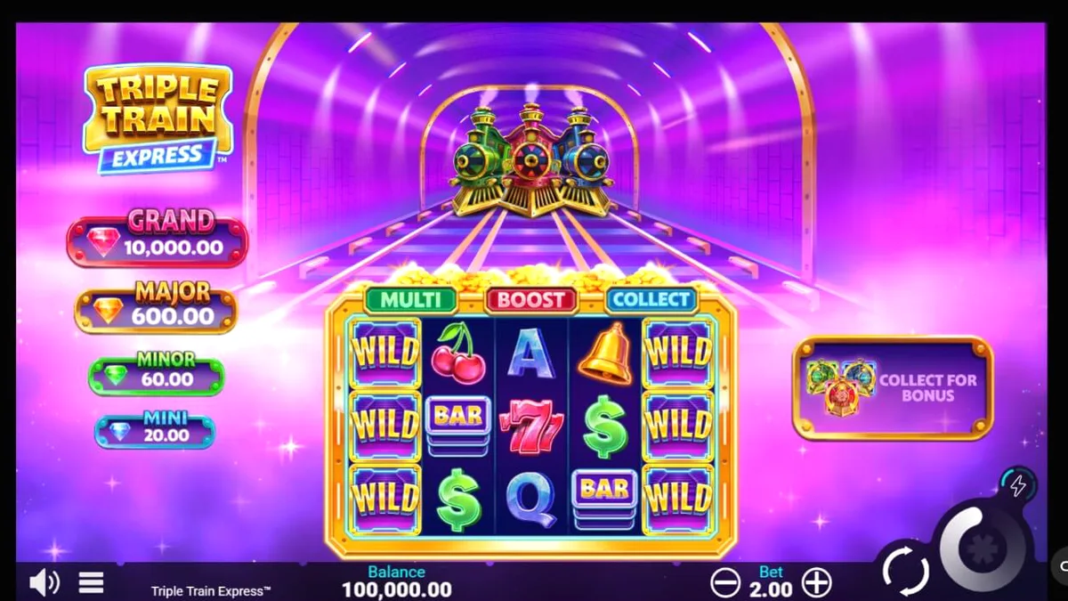 Tampilan visual futuristik dari slot Triple Train Express dengan kereta neon dan jalur cahaya.