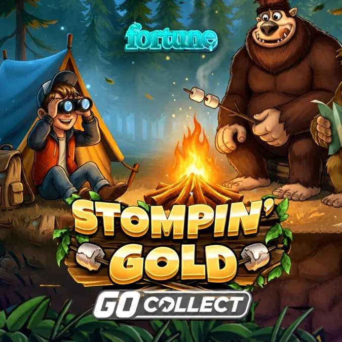 Pemandangan hutan belantara dalam slot Stompin’ Gold dengan karakter Bigfoot